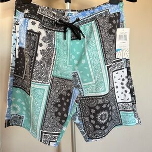 NWT Fresh Men's Patchwork Swim Shorts - Black, White, and Blue